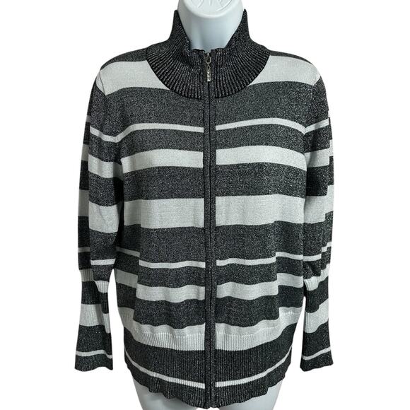 Questions Metallic Cardigan Sweater Sz Petite Large Striped Black White Full Zip - Picture 9 of 9